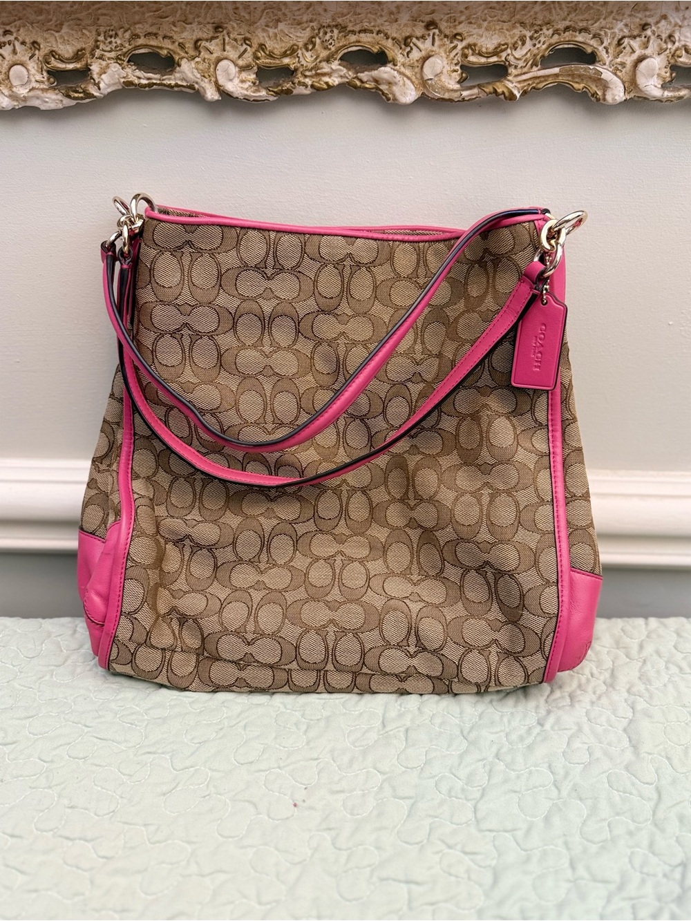 Coach Brown Signature Canvas Shoulder Bag with Pink Trim